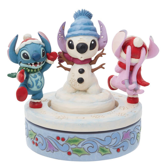 DISNEY TRADITIONS BY JIM SHORE CHRISTMAS STITCH AND ANGEL WITH SNOWMAN ROTATING