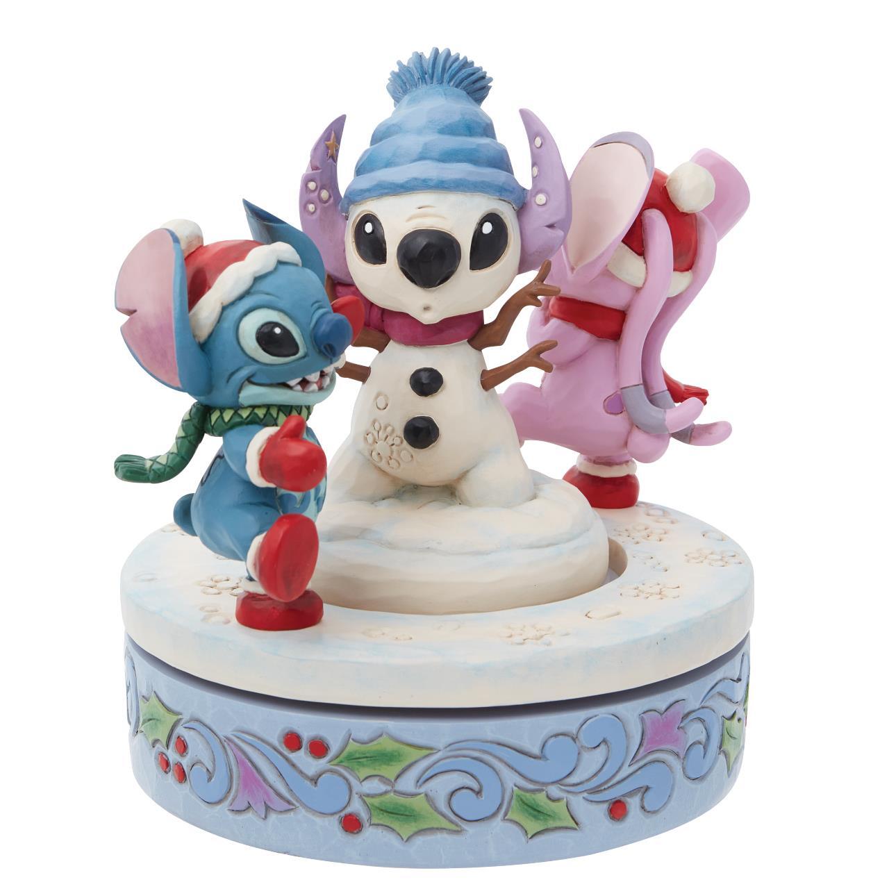 DISNEY TRADITIONS BY JIM SHORE CHRISTMAS STITCH AND ANGEL WITH SNOWMAN ROTATING