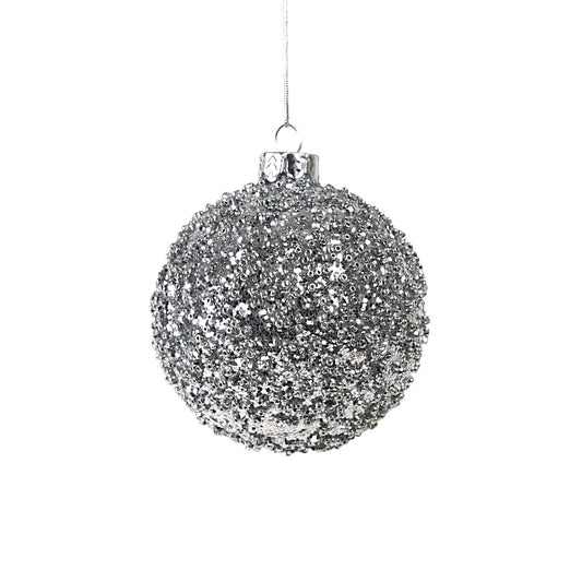 PURE CHRISTMAS HANGING BAUBLE ORNAMENT GLASS SILVER WITH SILVER BEADS