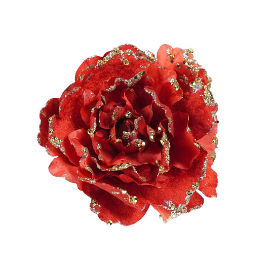 PURE CHRISTMAS CLIP ON FLOWER RED PEONY FABRIC GLITTER