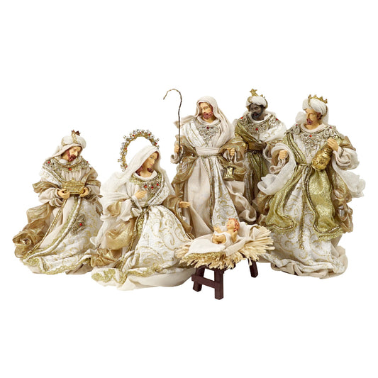 PURE CHRISTMAS NATIVITY SET OF 6 HOLY FAMILY BEIGE & GOLD 36CM