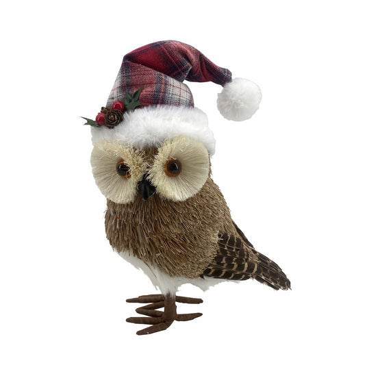 PURE CHRISTMAS NATURAL OWL WITH RED HAT LARGE 26CM