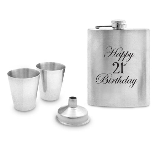 HIP FLASK SET IN TIMBER BOX 21ST BIRTHDAY