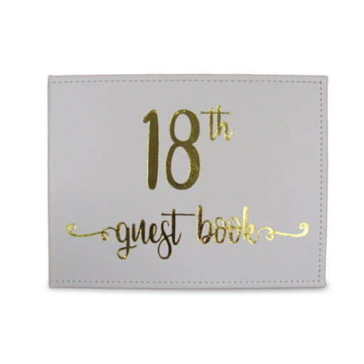 GUEST BOOK 18TH GOLD TEXT WITH WHITE BACKGROUND 23CM