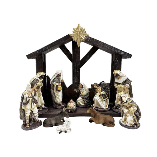 GATTO & CO CHRISTMAS NATIVITY SCENE AND STABLE RESIN 11 PIECES 14CM