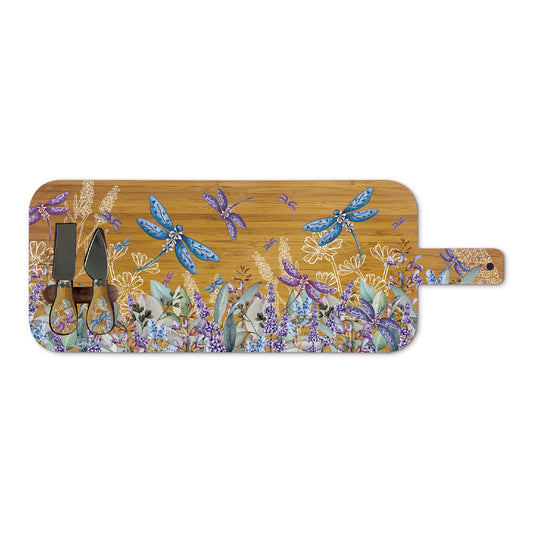 LISA POLLOCK BAMBOO LARGE SERVING PLATTER WITH CHEESE KNIVES LAVENDER DRAGONFLIES