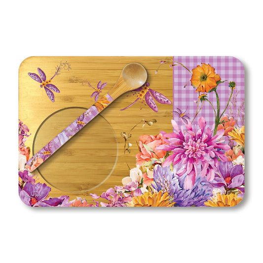 LISA POLLOCK BAMBOO TEA TIME TRAY WITH SPOON DRAGONFLY FIELDS