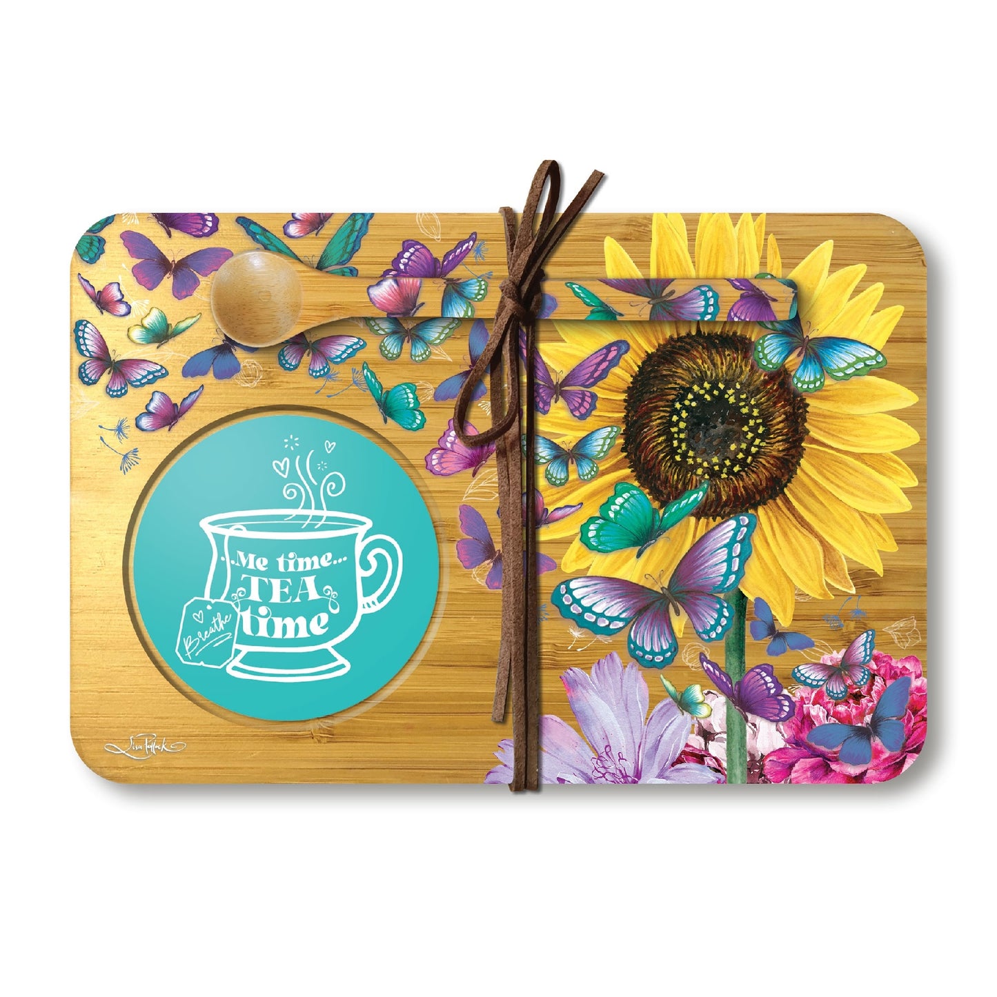 LISA POLLOCK BAMBOO TEA TIME TRAY WITH SPOON SUNNY BUTTERFLIES