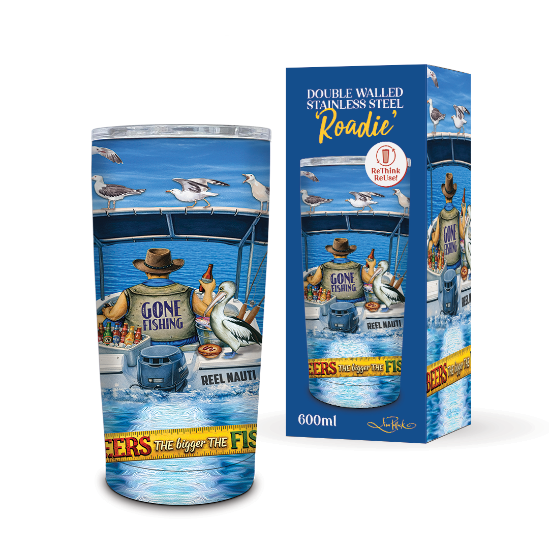 Lisa Pollock Double Walled Stainless Steel Travel Mug Roadie "Fishing & Beer"