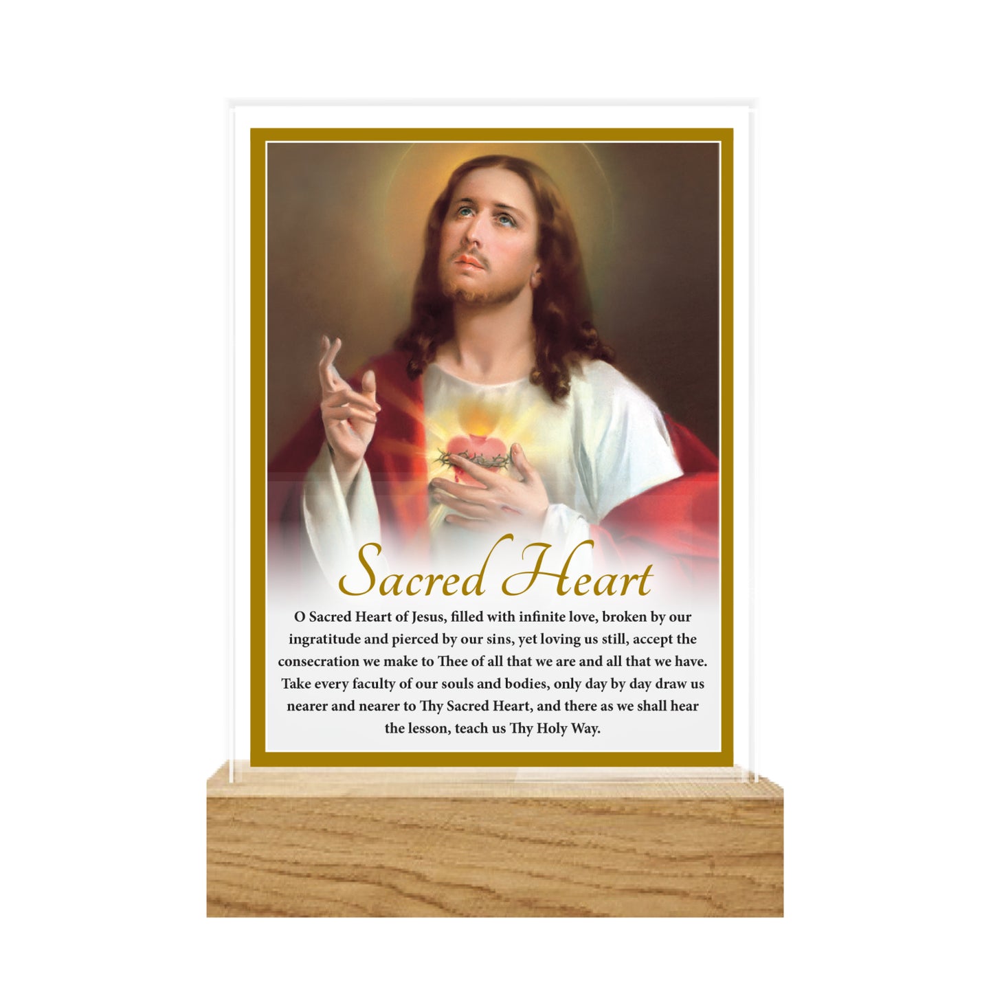 GLASS VERSE PLAQUE ON WOODEN BASE SACRED HEART JESUS