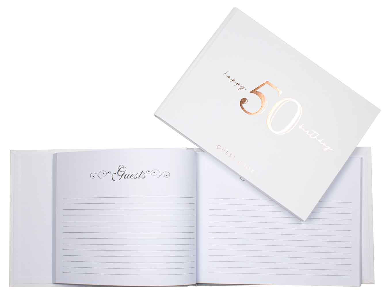 GUEST BOOK ROSE GOLD WRITING ON WHITE 50TH