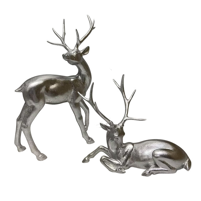 CHRISTMAS RESIN SHINY DEER SILVER SMALL SET OF 2