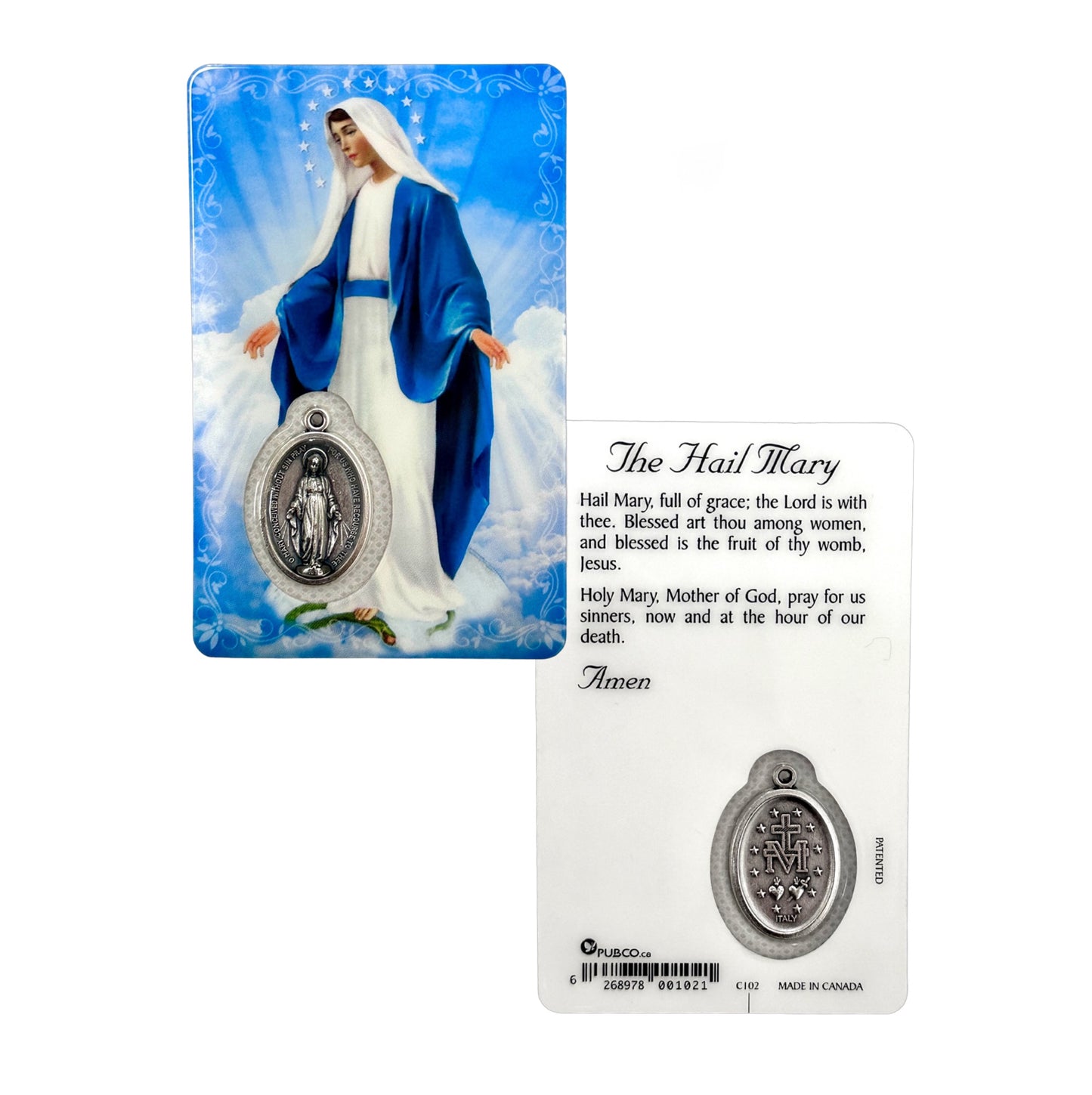 Laminated Window Prayer Card & Charm Miraculous Hail Mary