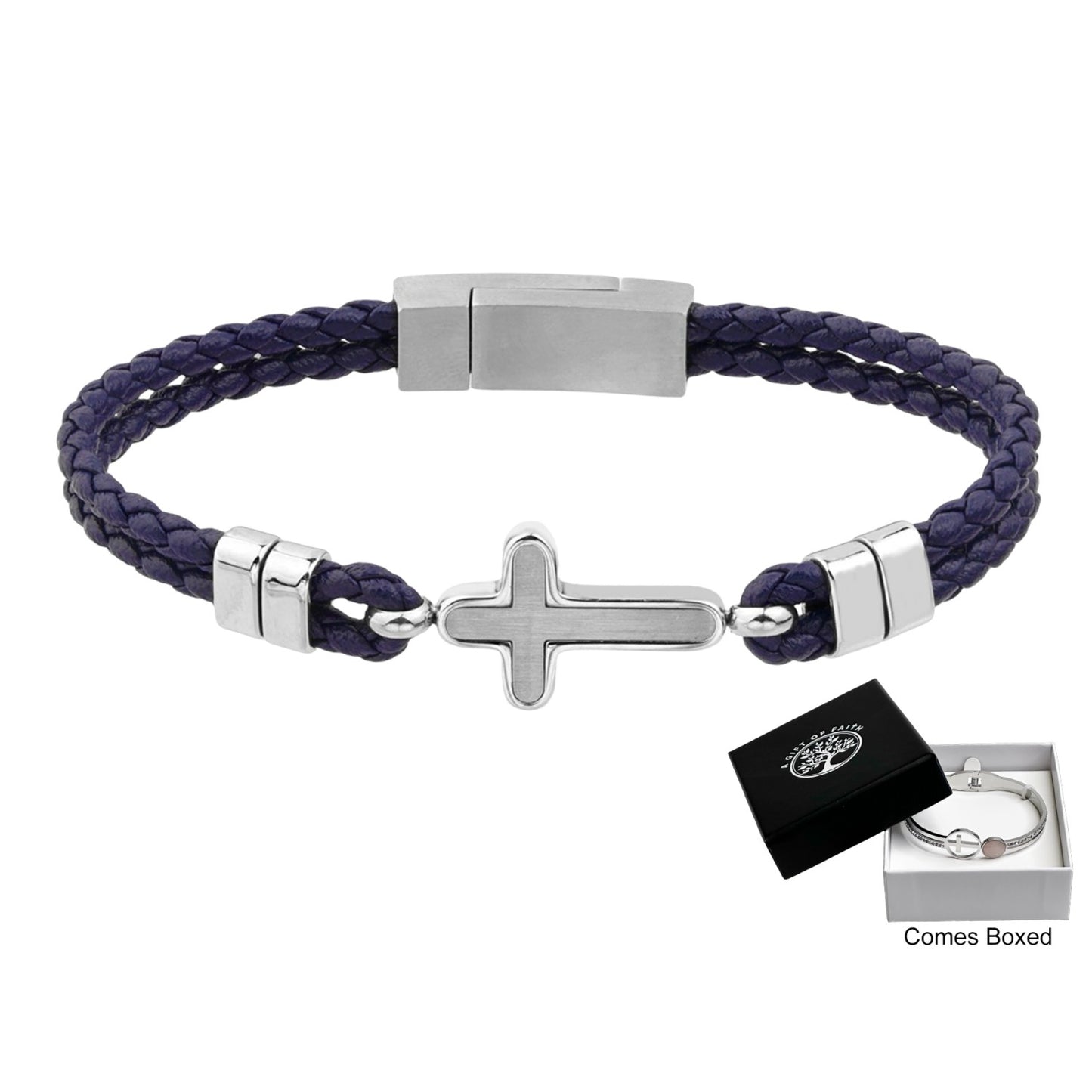 Bracelet Blue Leather With Cross Stainless Steel