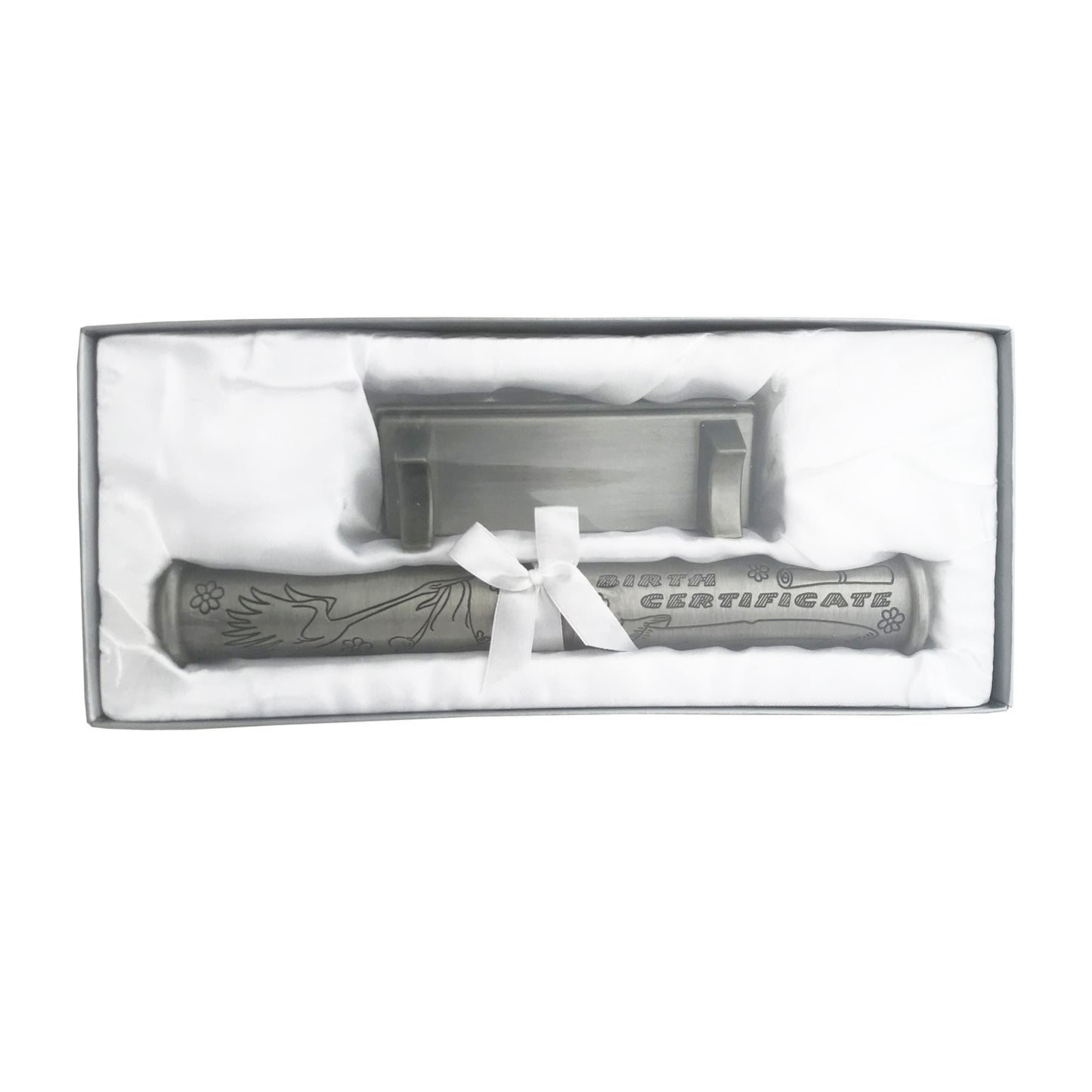 BIRTH CERTIFICATE HOLDER WITH STAND IN PEWTER FINISH