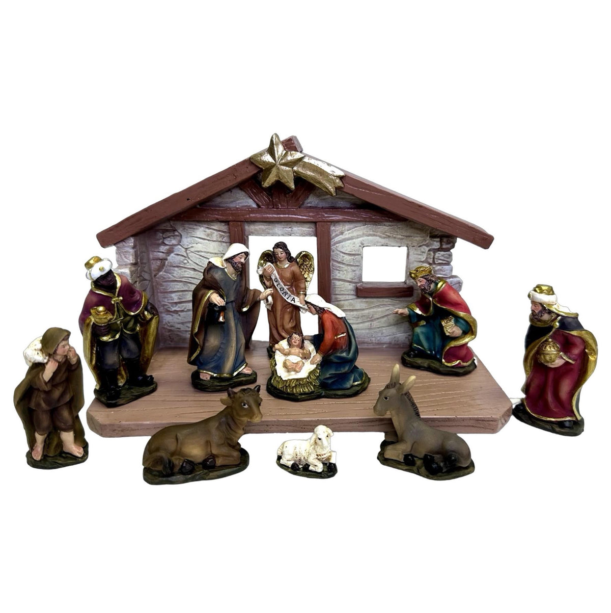Christmas Nativity 11pc Set With Resin Stable