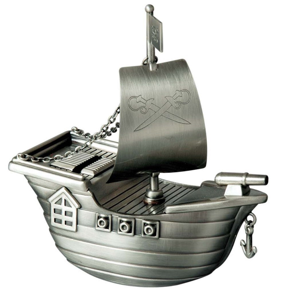 MONEY BANK PIRATE SHIP PEWTER FINISH