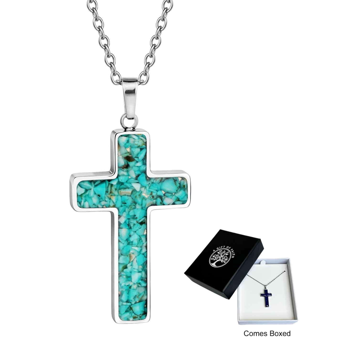 Necklace Gift Of Faith Stainless Steel With Semi Precious Stone Turquoise Cross
