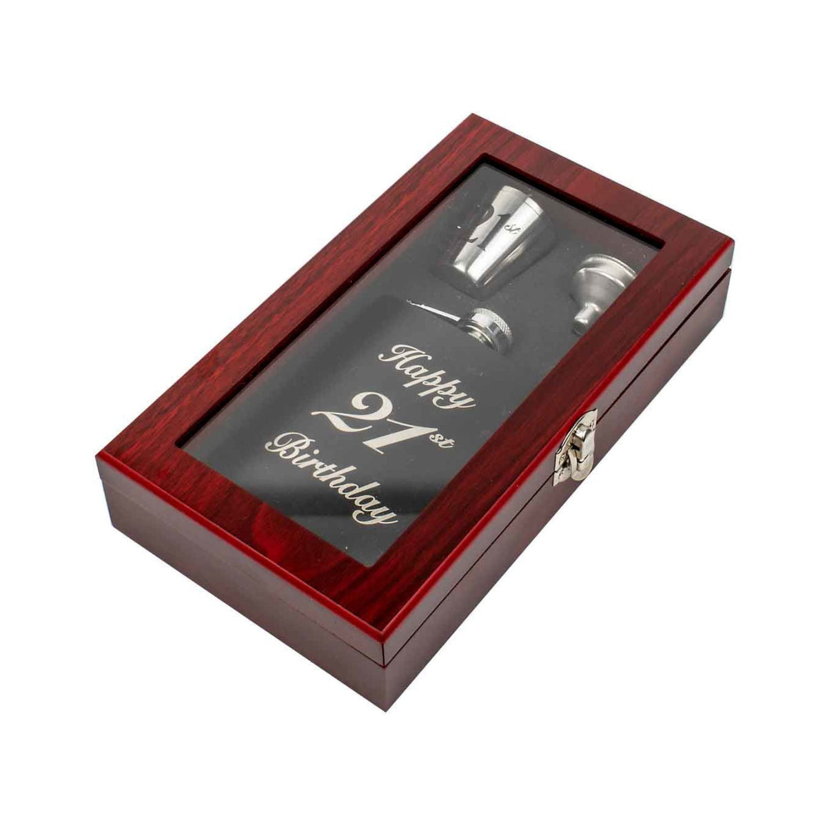 HIP FLASK GIFT SET IN TIMBER BOX 21ST BIRTHDAY BLACK