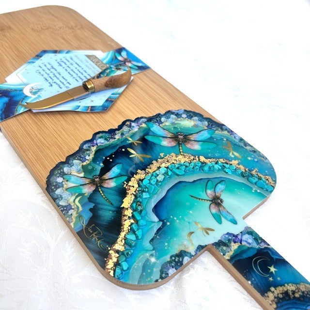 Lisa Pollock Crystal Resin Bamboo Board With Matching Cheese Knife Turquoise Dragonflies