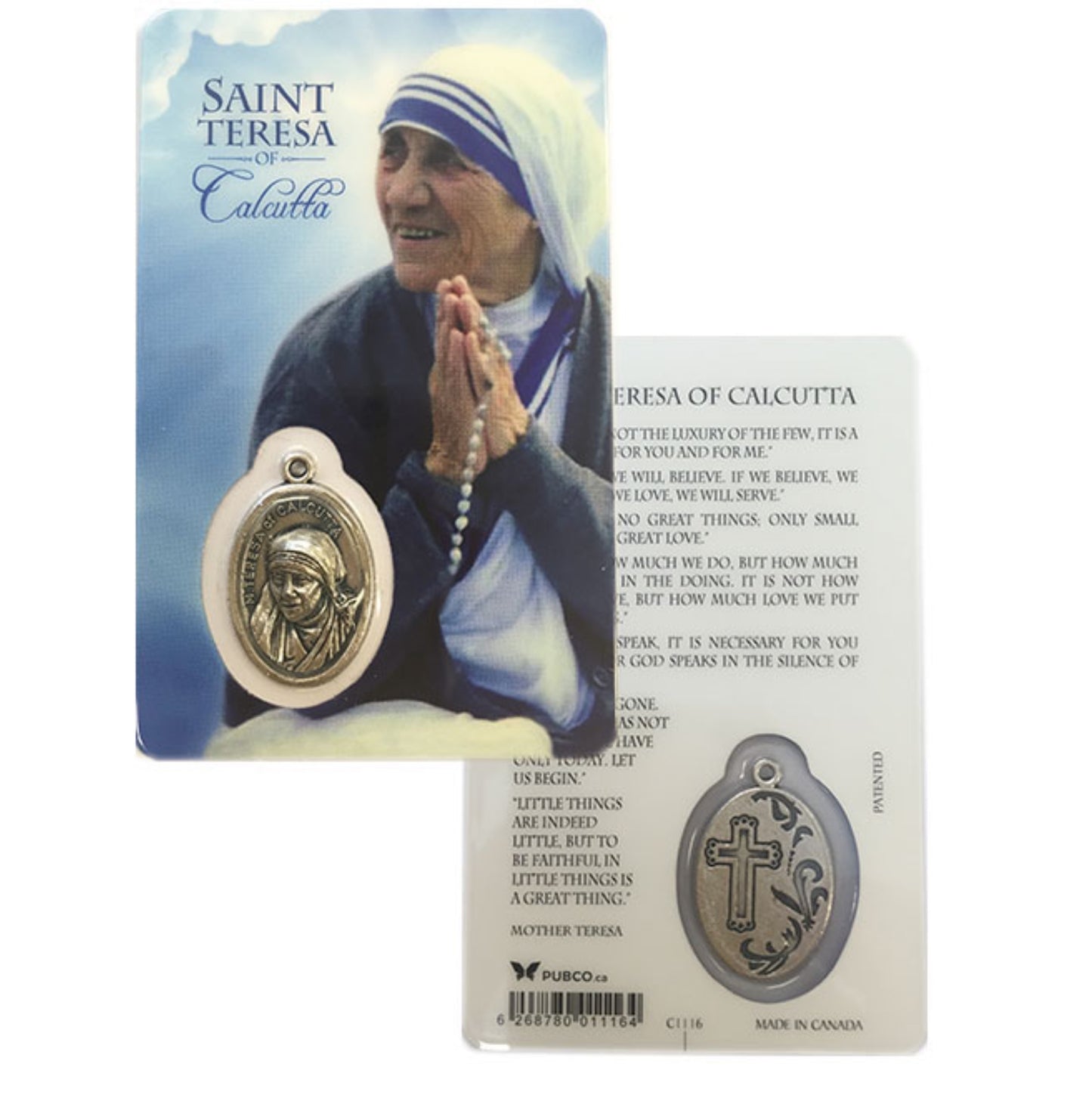 Laminated Window Prayer Card & Charm Saint Teresa Of Calcutta