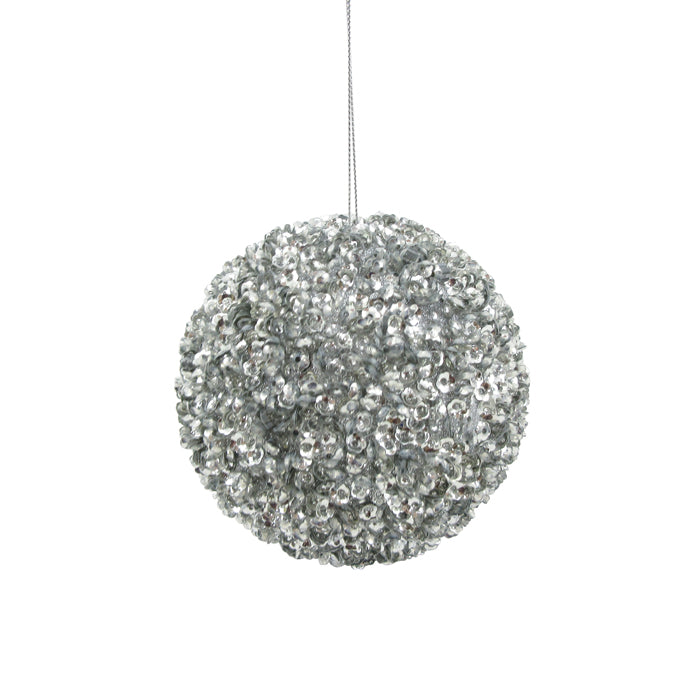 CHRISTMAS STYRO BEADED SEQUIN HANGING BALL SILVER SMALL