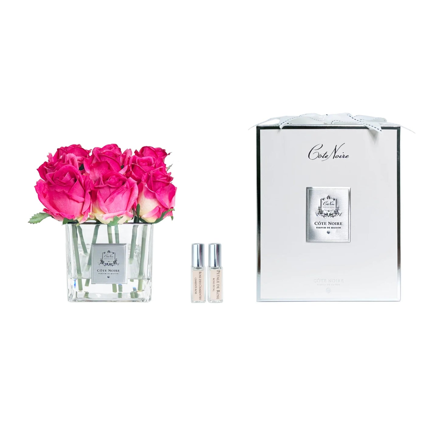 Cote Noire Square 9 Rose Buds Magenta In Clear Glass With Silver Crest