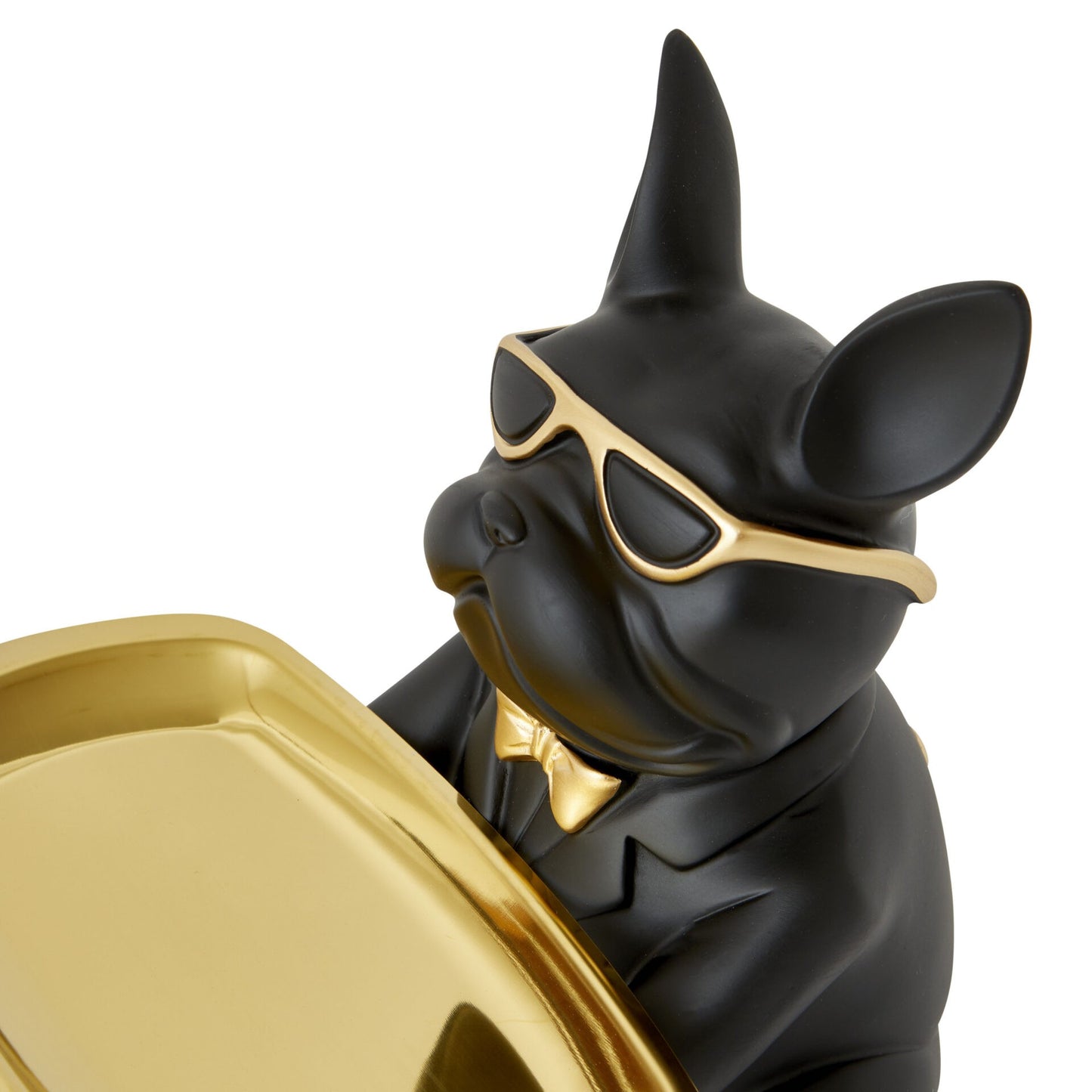 Bulldog Figurine Holding Rectangle Tray Black & Gold
