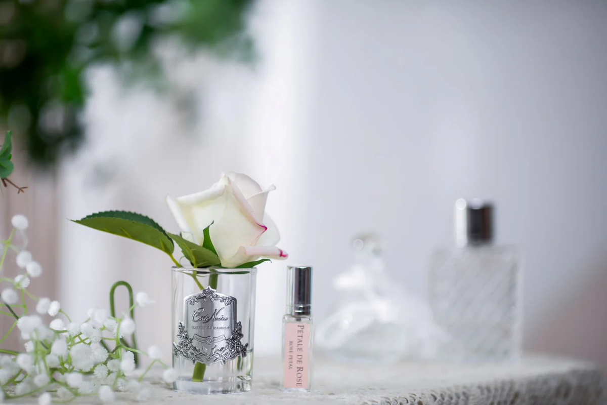 Cote Noire Rose Bud Perfumed Natural Touch Pink Blush In Clear Glass With Silver Crest
