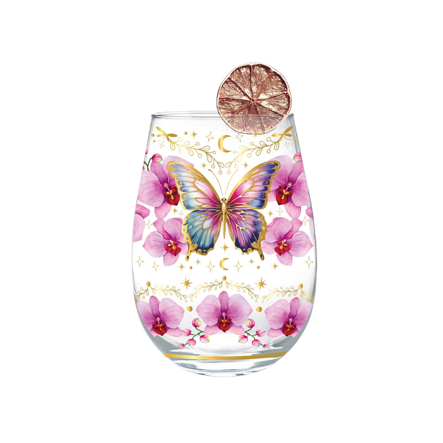 Lisa Pollock Stemless Glass Gold Detailing With 24K Gold Lime Garnish Butterfly Orchids