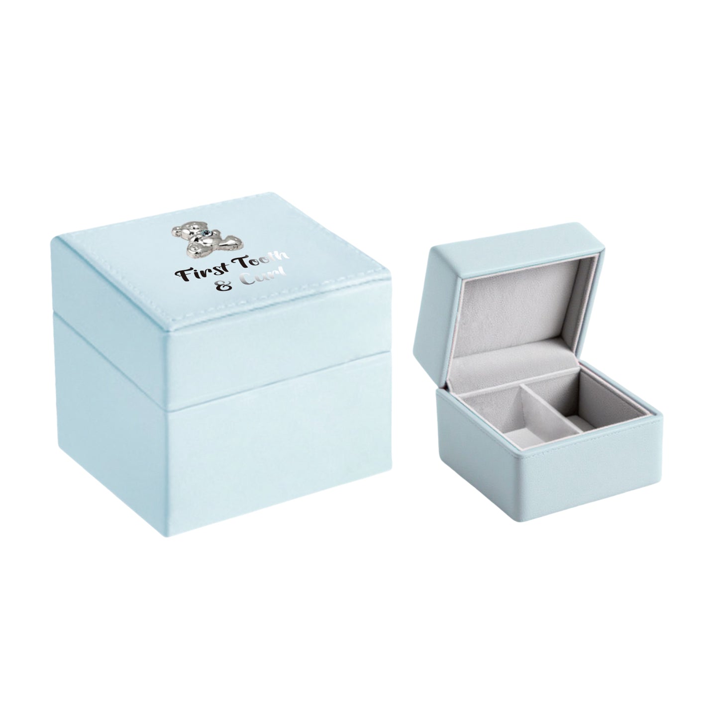 First Tooth & Curl Box Blue Leather With Silver Bear Motiff Baby Boy