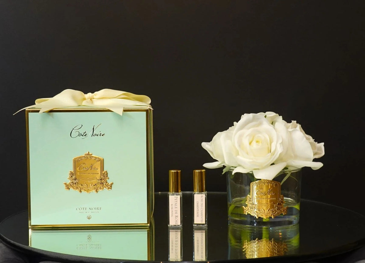 Cote Noire Five Rose Ivory White Clear Glass with Gold Crest In Jade Tiffany Box