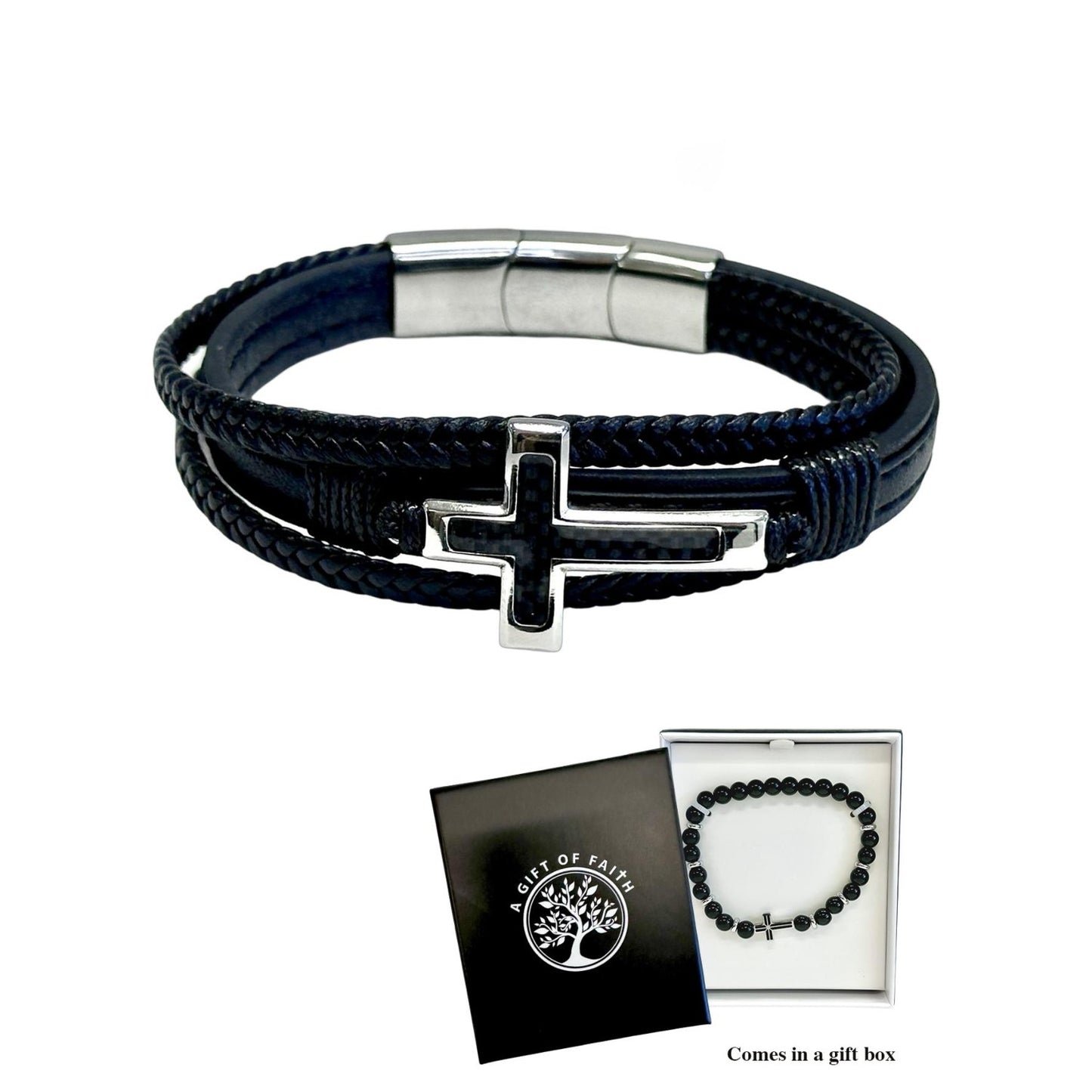 Bracelet Leather Cross With Polished Stainless Steel