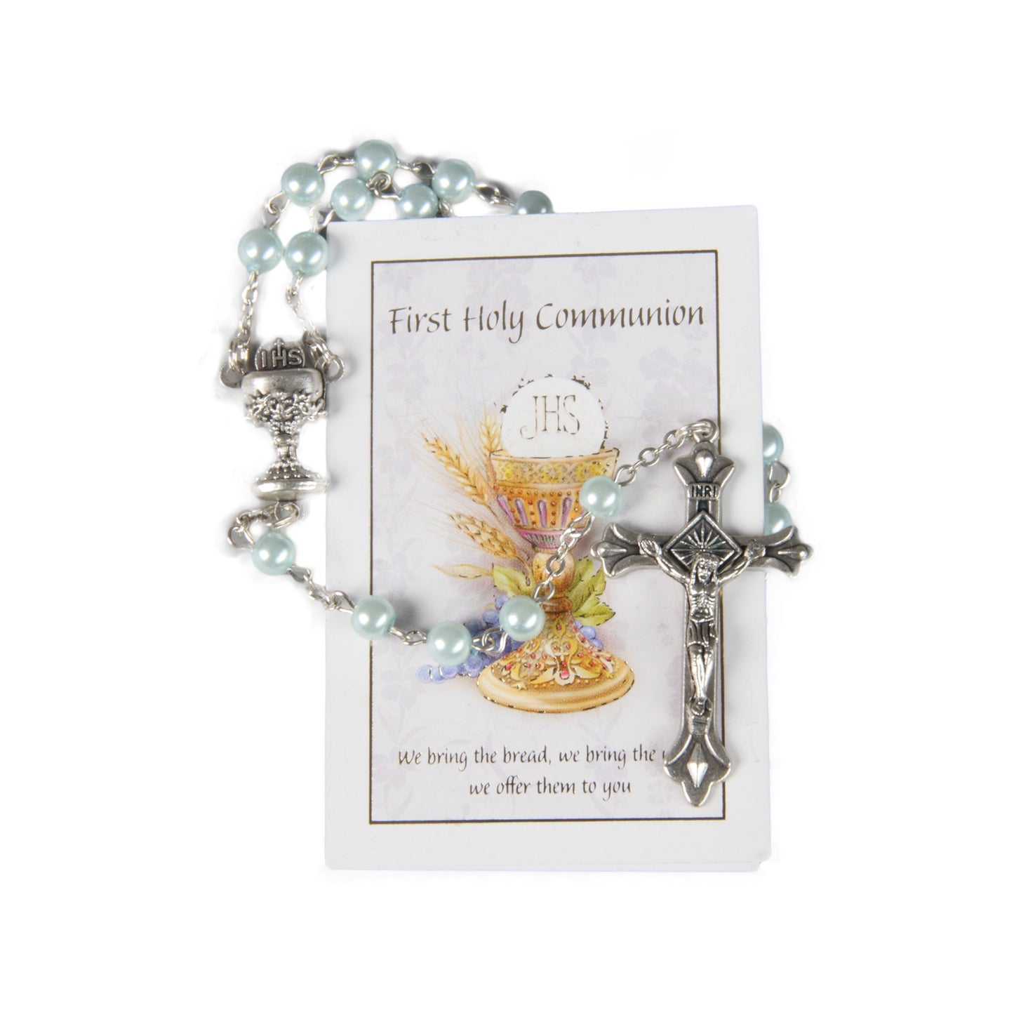 COMMUNION ROSARY BEADS WITH LEAFLET BLUE