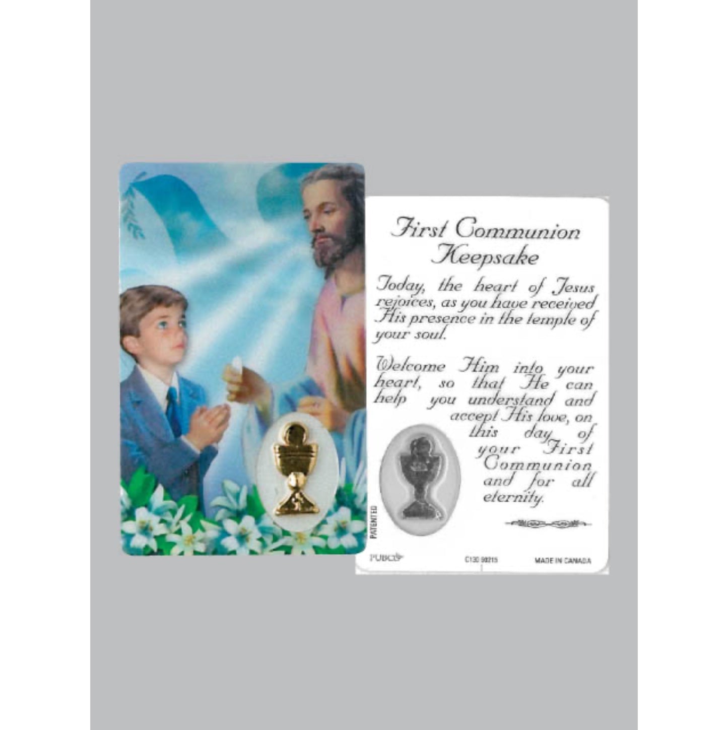 Laminated Window Prayer Card & Charm First Communion Boy
