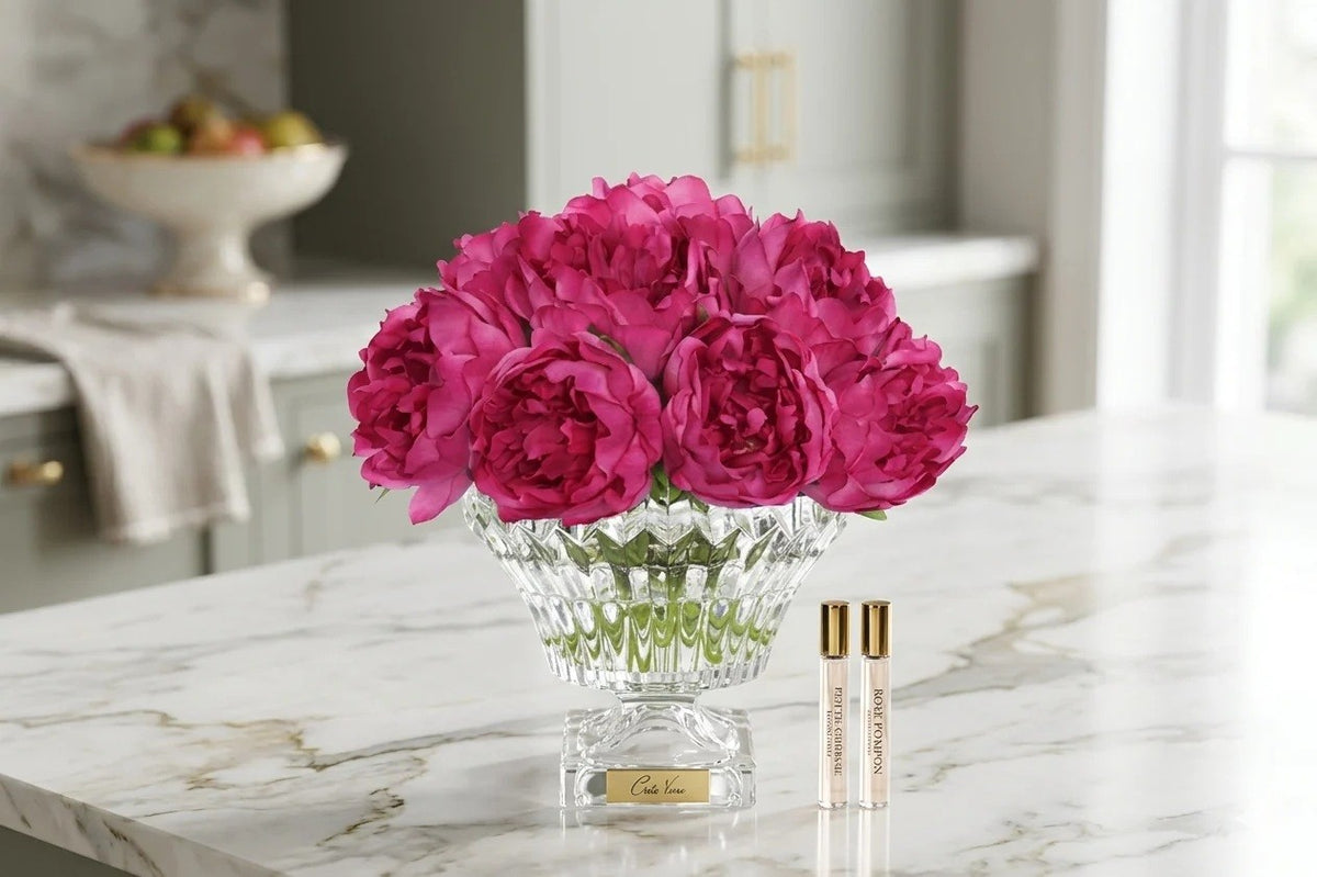 Cote Noire Bordeaux Magenta Peonies In Cut Glass With Gold Crest