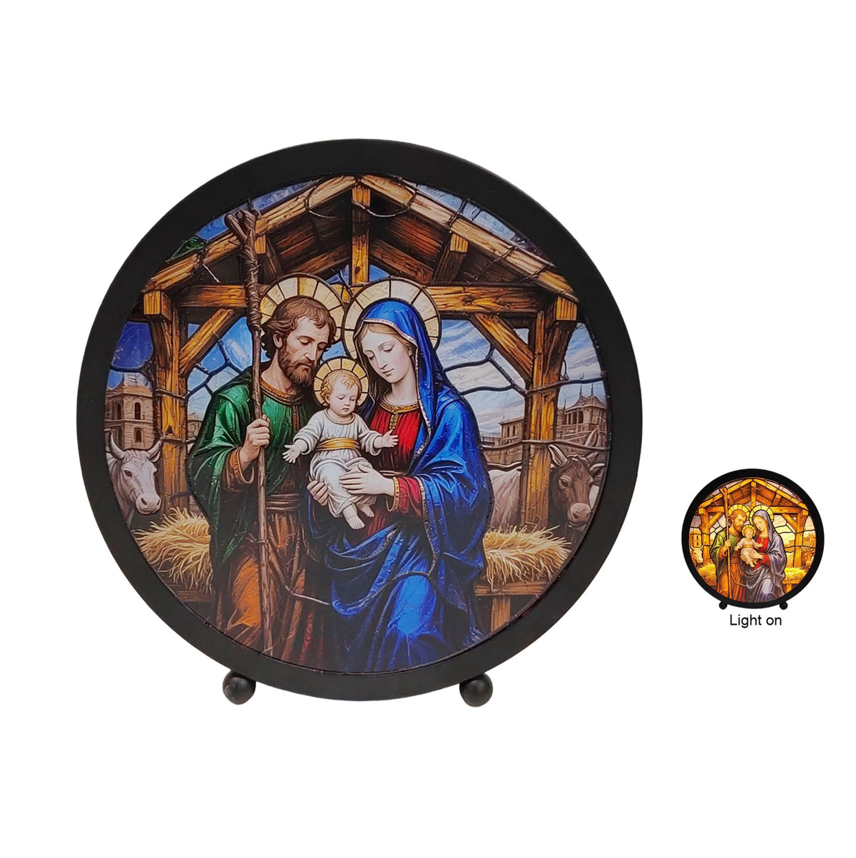 Christmas Nativity Scene Round Stained Glass LED Light Large