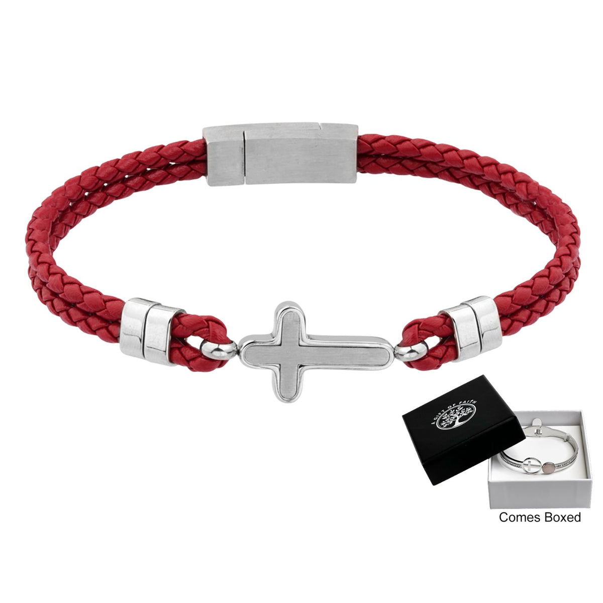 Bracelet Red Leather With Cross Stainless Steel
