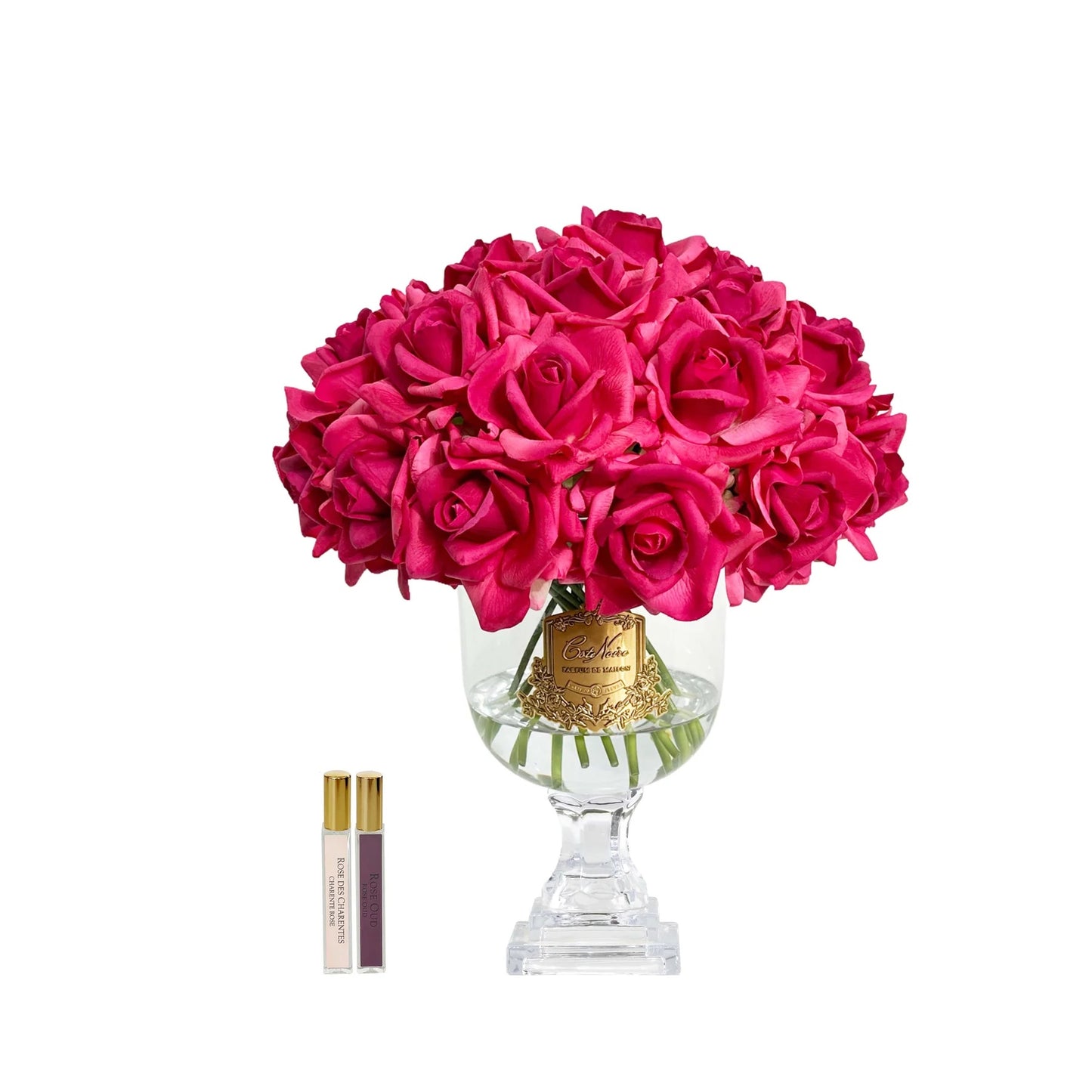 Cote Noire Versailles French Rose Bouquet Magenta in Clear Glass With Gold Crest