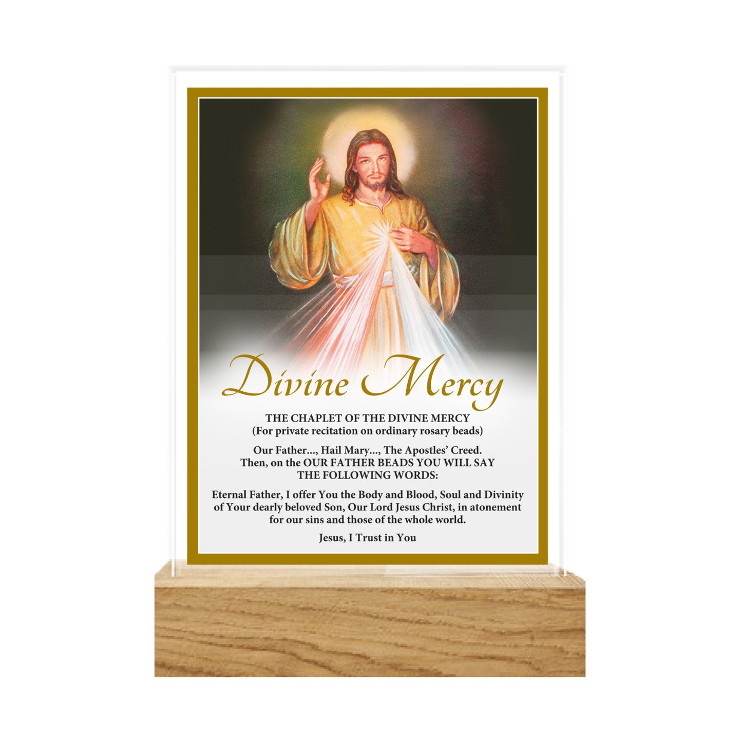 GLASS VERSE PLAQUE ON WOODEN BASE DIVINE MERCY