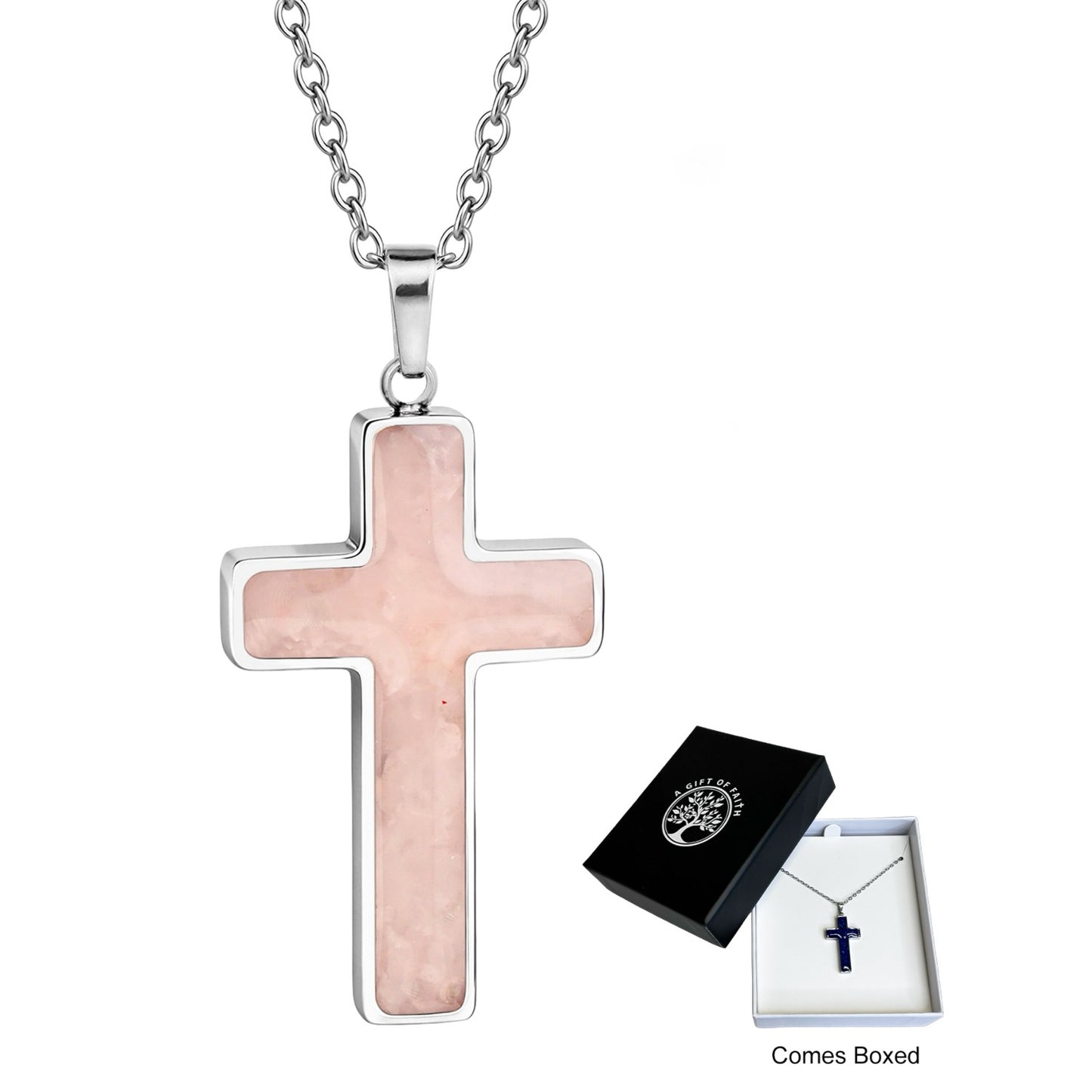 Necklace Gift Of Faith Stainless Steel With Semi Precious Stone Rose Quartz Cross