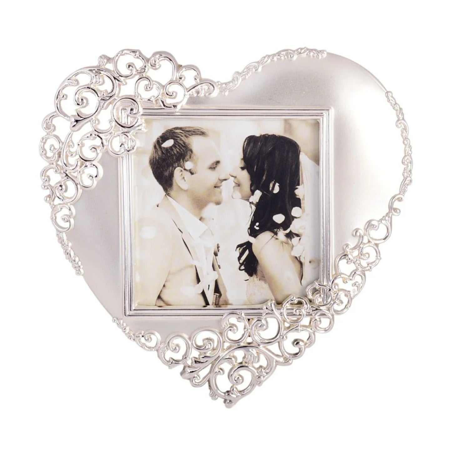 Photo Frame Silver Satin Wedding Design Heart 3X3