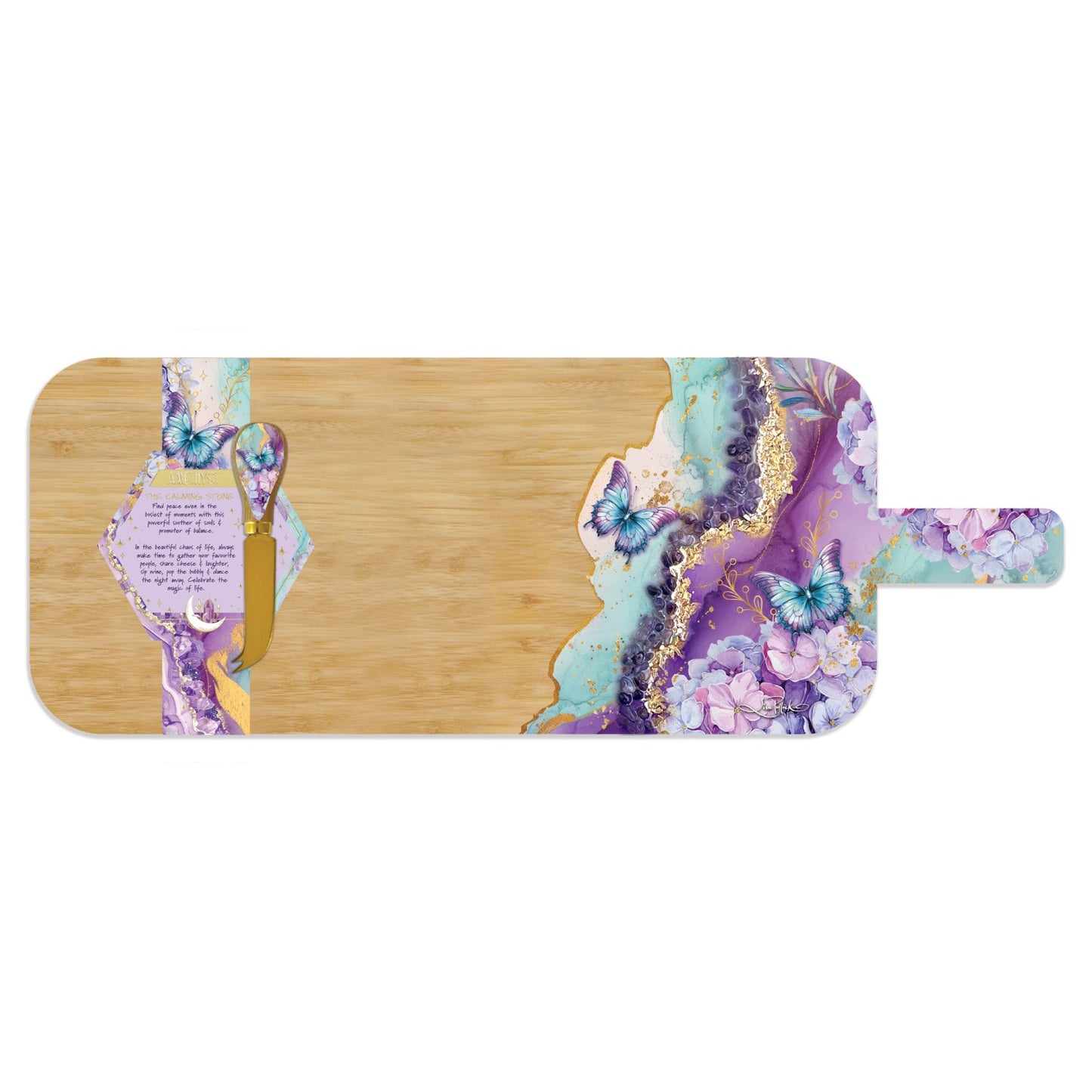 Lisa Pollock Crystal Resin Bamboo Board With Matching Cheese Knife Amethyst Butterflies