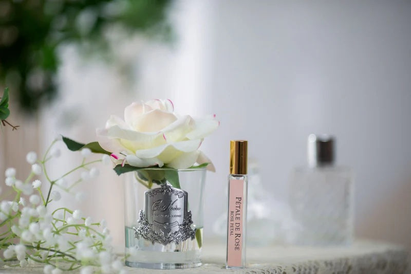 Cote Noire Single French Rose Perfumed Natural Touch Pink Blush In Clear Glass With Silver Crest