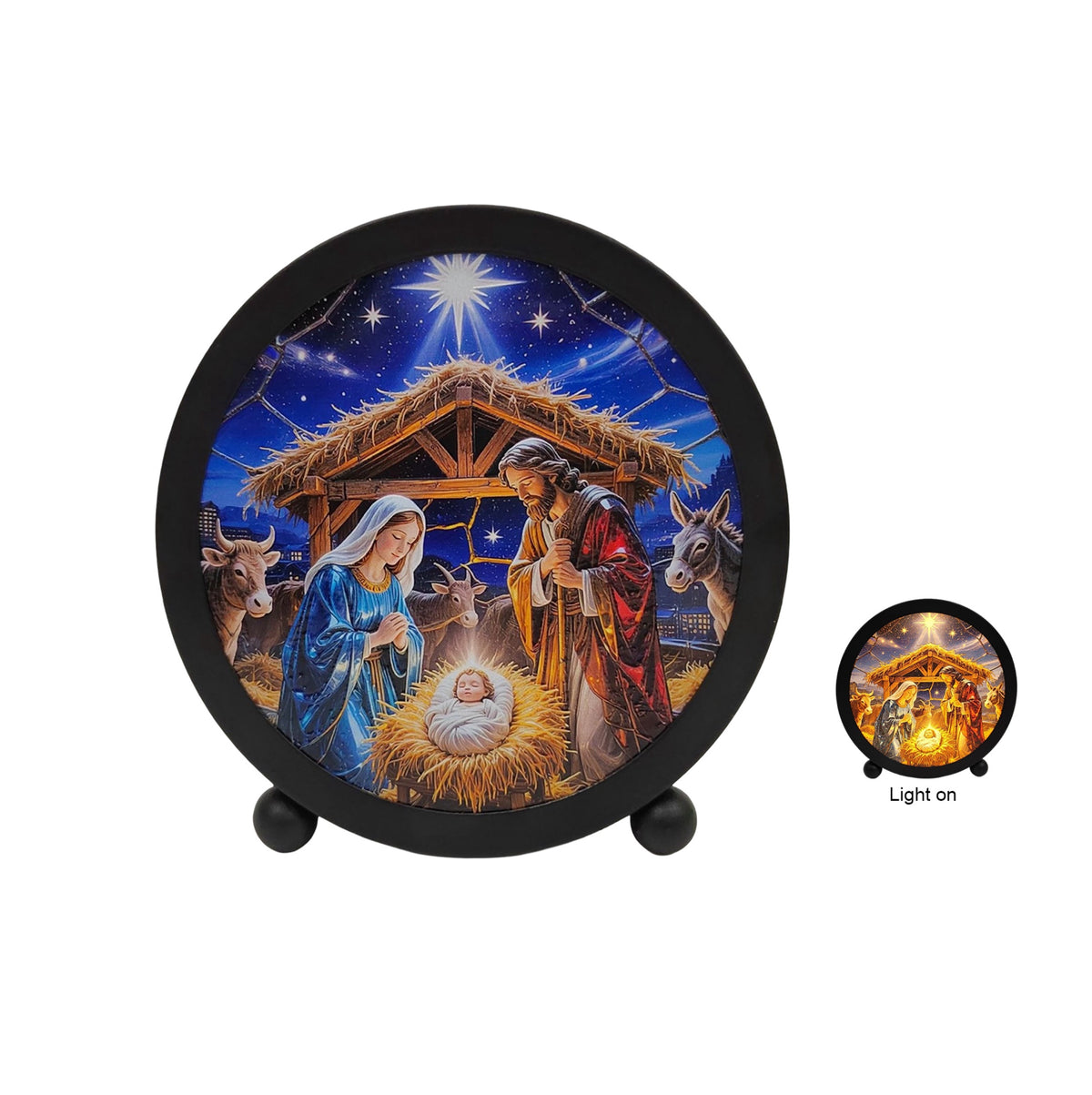 Christmas Nativity Scene Round Stained Glass LED Light