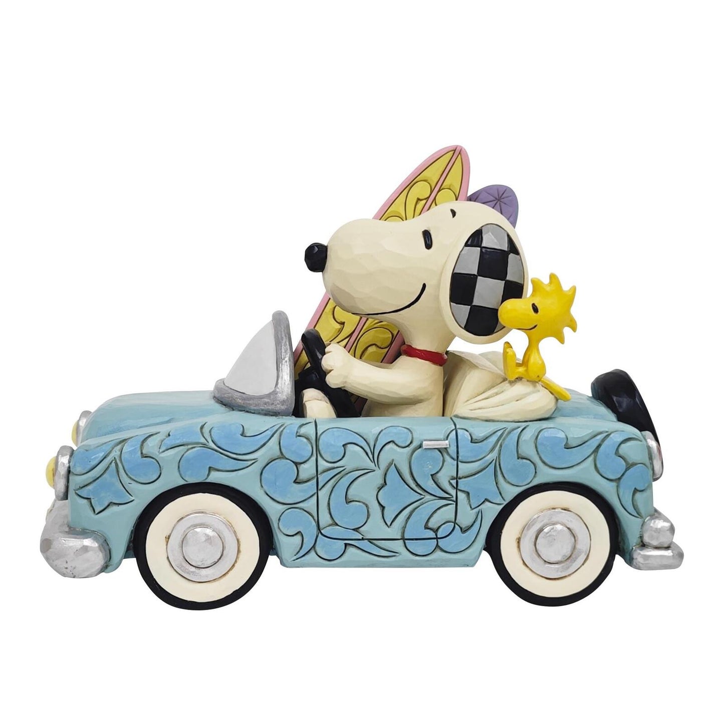 PEANUTS BY JIM SHORE SNOOPY & WOODSTOCK IN CAR WITH SURFBOARDS