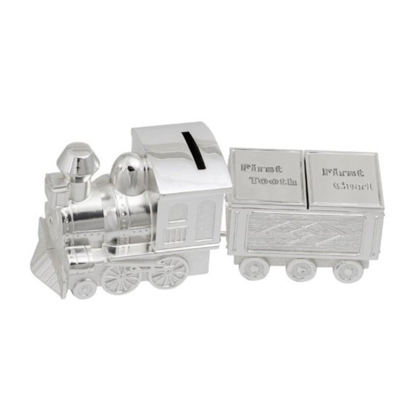 MONEY BANK MINI TRAIN WITH FIRST TOOTH & CURL CARRIAGE SILVER