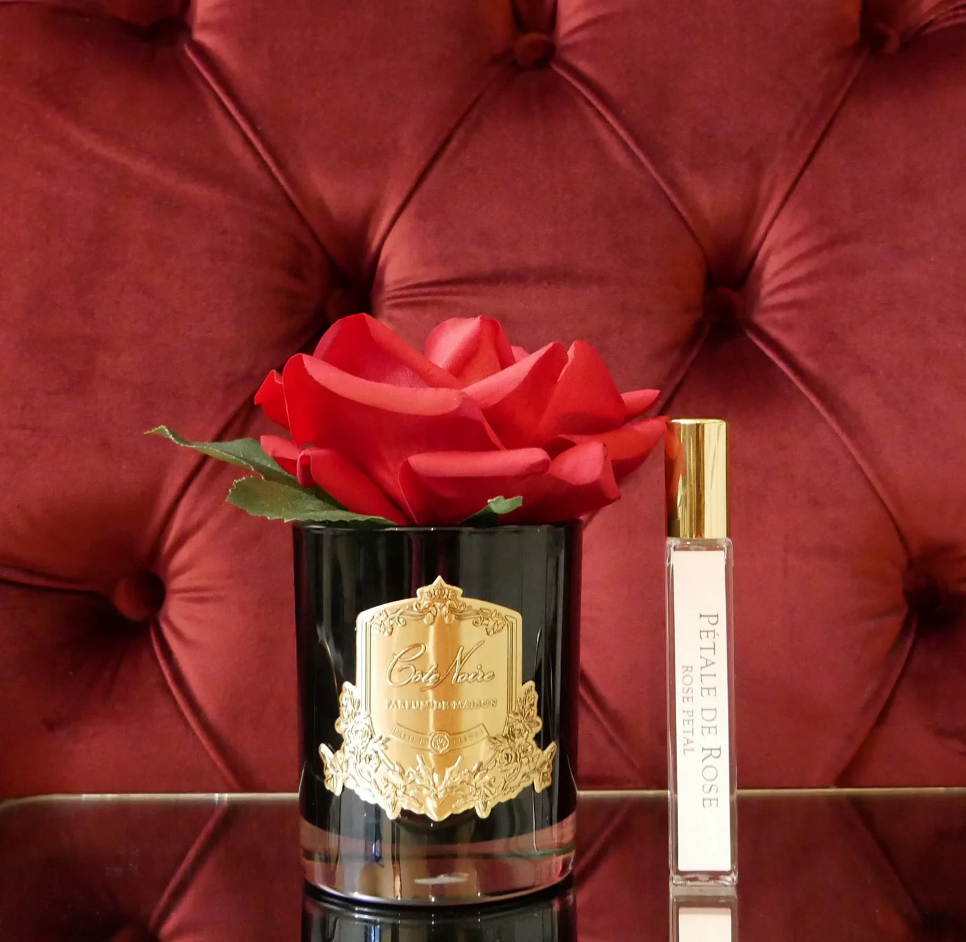Cote Noire Single French Rose Perfumed Natural Touch Red In Black Glass With Gold Crest