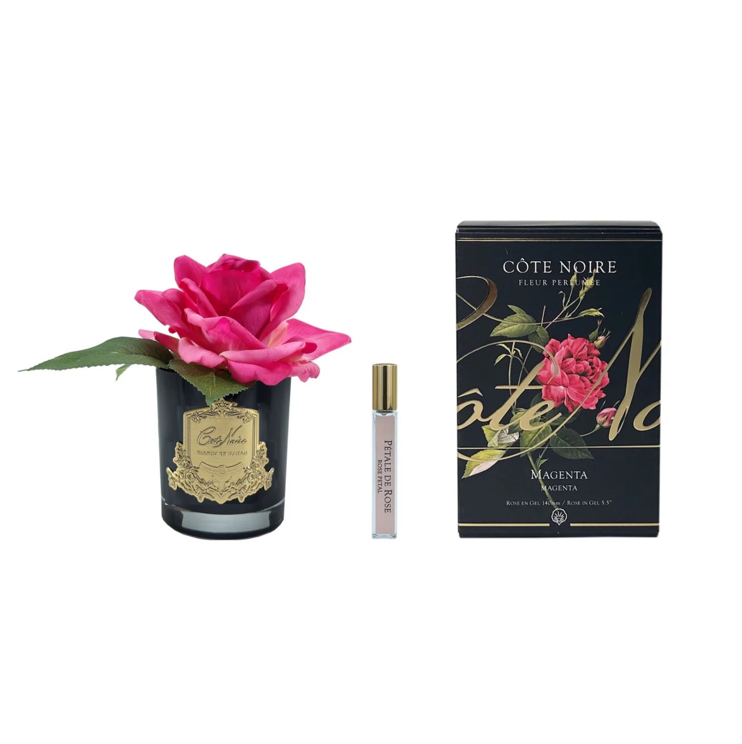 Cote Noire Single French Rose Perfumed Natural Touch Magenta In Black Glass With Gold Crest