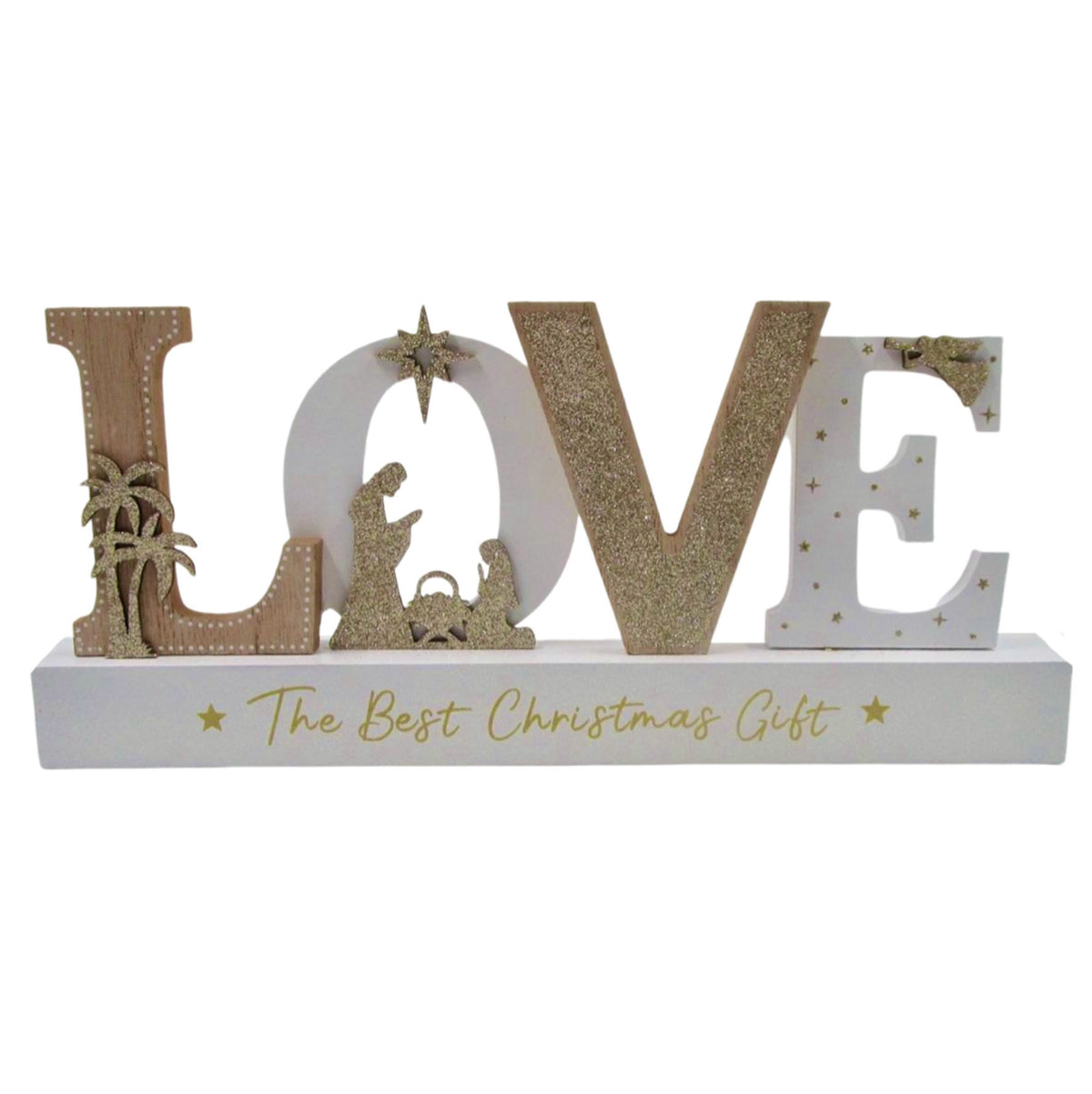 Christmas Wooden Nativity Scene Wood With Glitter "LOVE"